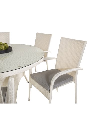 VENTURE DESIGN havest m. Volta bord (150) og 6 Anna stole m. armln - hvid rattan og glas