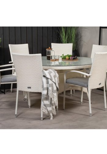 VENTURE DESIGN havest m. Volta bord (150) og 6 Anna stole m. armln - hvid rattan og glas