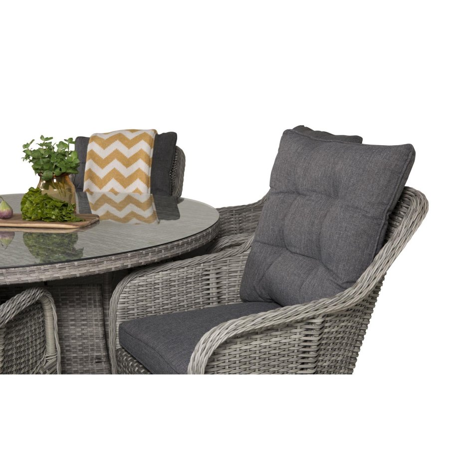 VENTURE DESIGN havest m. Volta bord (150) og 6 Vikelund stole m. armln + hynde - gr rattan/glas