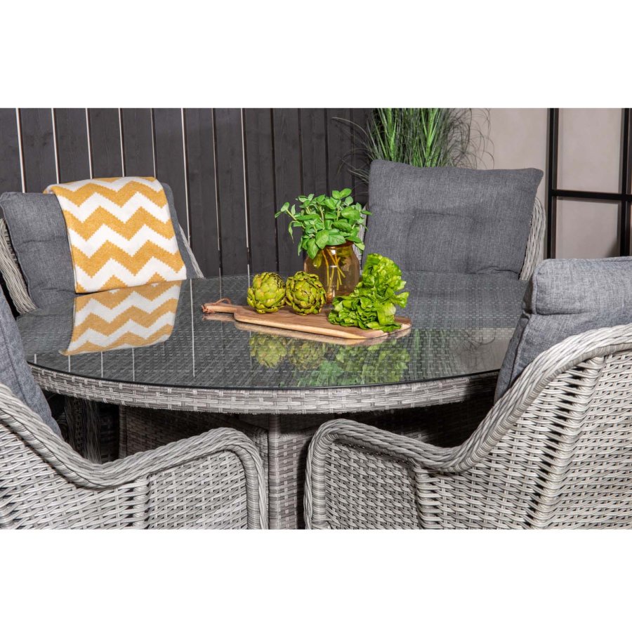 VENTURE DESIGN havest m. Volta bord (150) og 6 Vikelund stole m. armln + hynde - gr rattan/glas