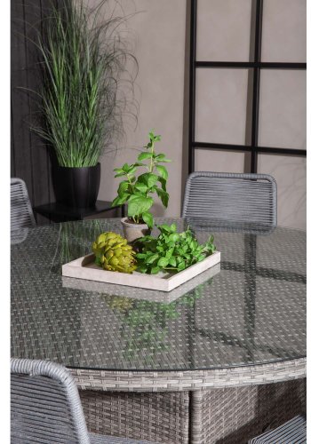 VENTURE DESIGN havest m. Volta bord (150) og 6 Lindos stole - gr rattan/reb, sort alu og glas