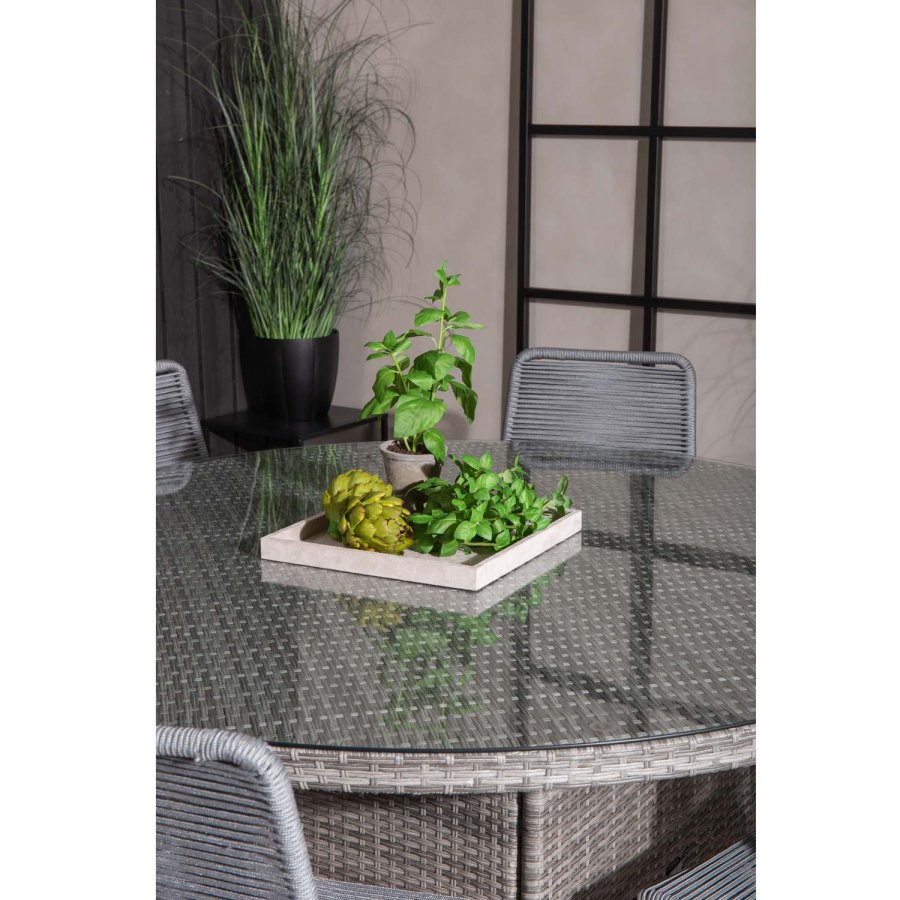 VENTURE DESIGN havest m. Volta bord (150) og 6 Lindos stole - gr rattan/reb, sort alu og glas