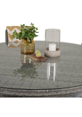 VENTURE DESIGN havest m. Volta bord (150) og 6 Lindos stole - gr rattan/reb, sort alu og glas