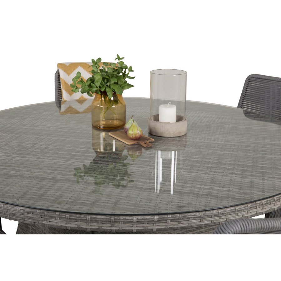 VENTURE DESIGN havest m. Volta bord (150) og 6 Lindos stole - gr rattan/reb, sort alu og glas