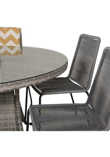 VENTURE DESIGN havest m. Volta bord (150) og 6 Lindos stole - gr rattan/reb, sort alu og glas