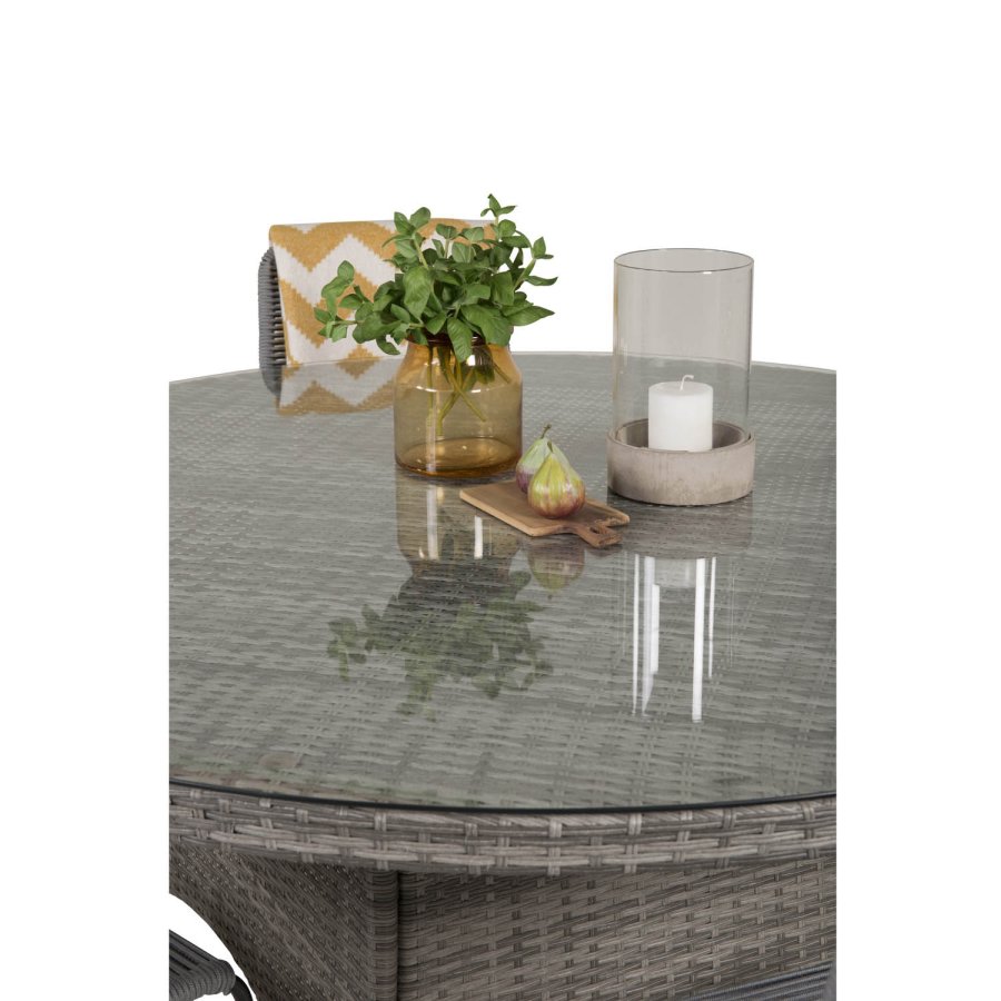 VENTURE DESIGN havest m. Volta bord (150) og 6 Lindos stole - gr rattan/reb, sort alu og glas