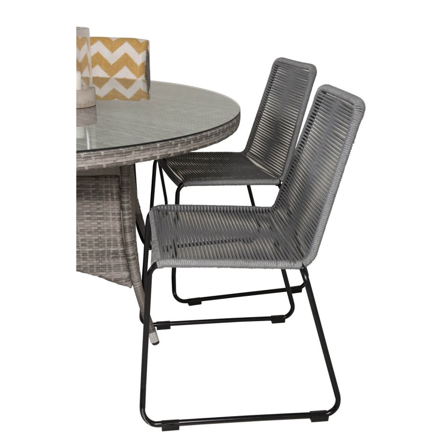 VENTURE DESIGN havest m. Volta bord (150) og 6 Lindos stole - gr rattan/reb, sort alu og glas