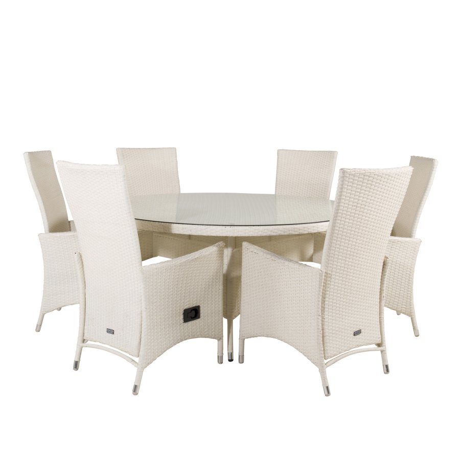 VENTURE DESIGN havest m. Volta bord (150) og 6 Padova stole m. recliner + hynde - hvid rattan/glas