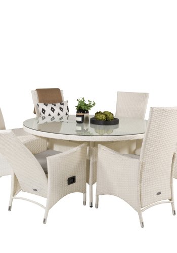 VENTURE DESIGN havest m. Volta bord (150) og 6 Padova stole m. recliner + hynde - hvid rattan/glas