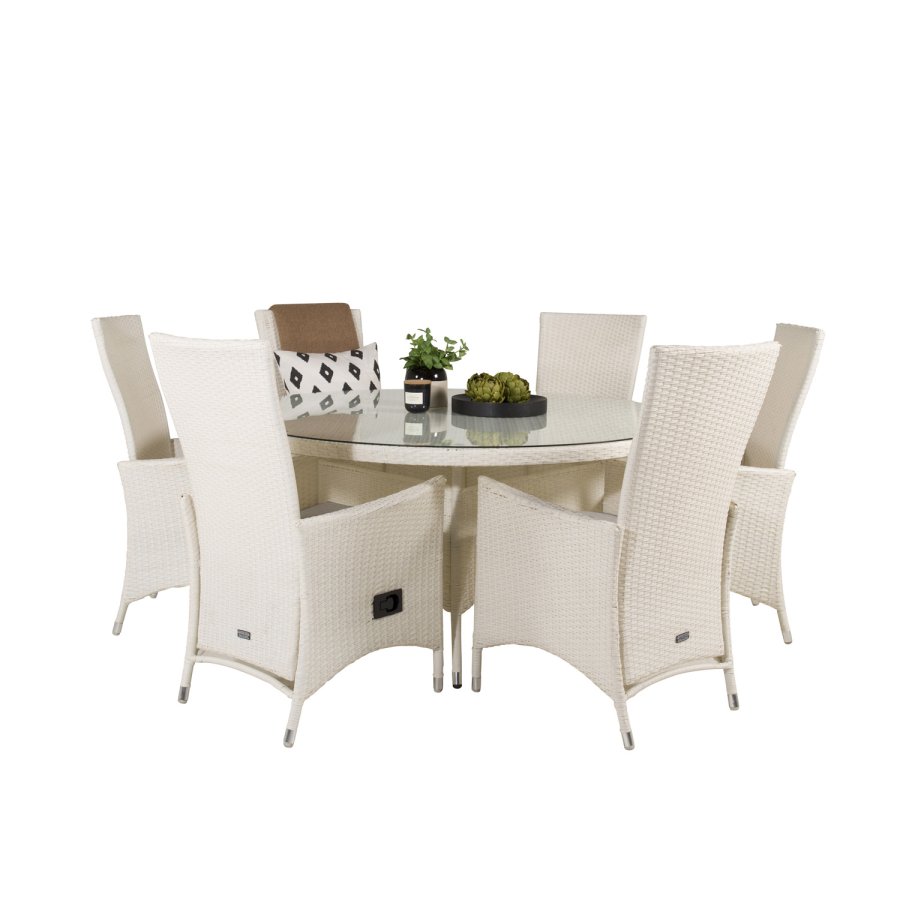 VENTURE DESIGN havest m. Volta bord (150) og 6 Padova stole m. recliner + hynde - hvid rattan/glas