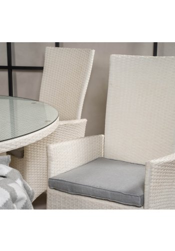 VENTURE DESIGN havest m. Volta bord (150) og 6 Padova stole m. recliner + hynde - hvid rattan/glas