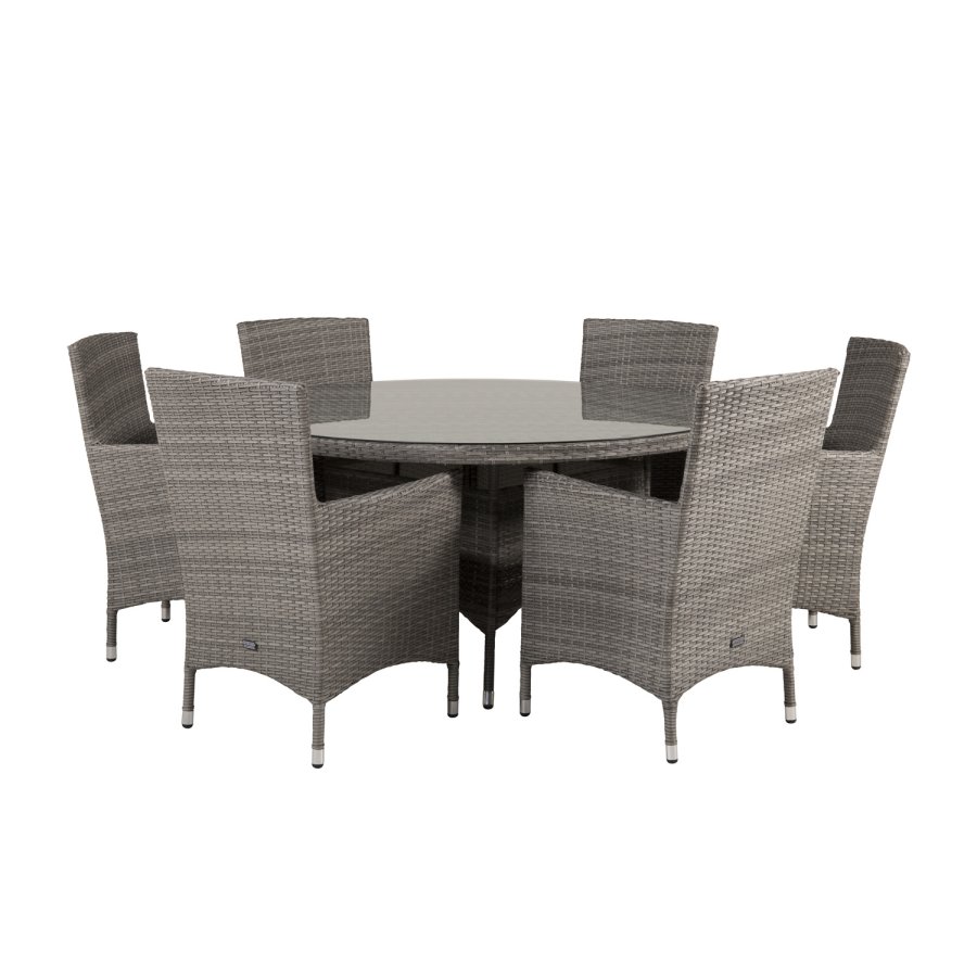 VENTURE DESIGN havest m. Volta bord (150) og 6 Malin stole m. armln og hynde - gr rattan/glas