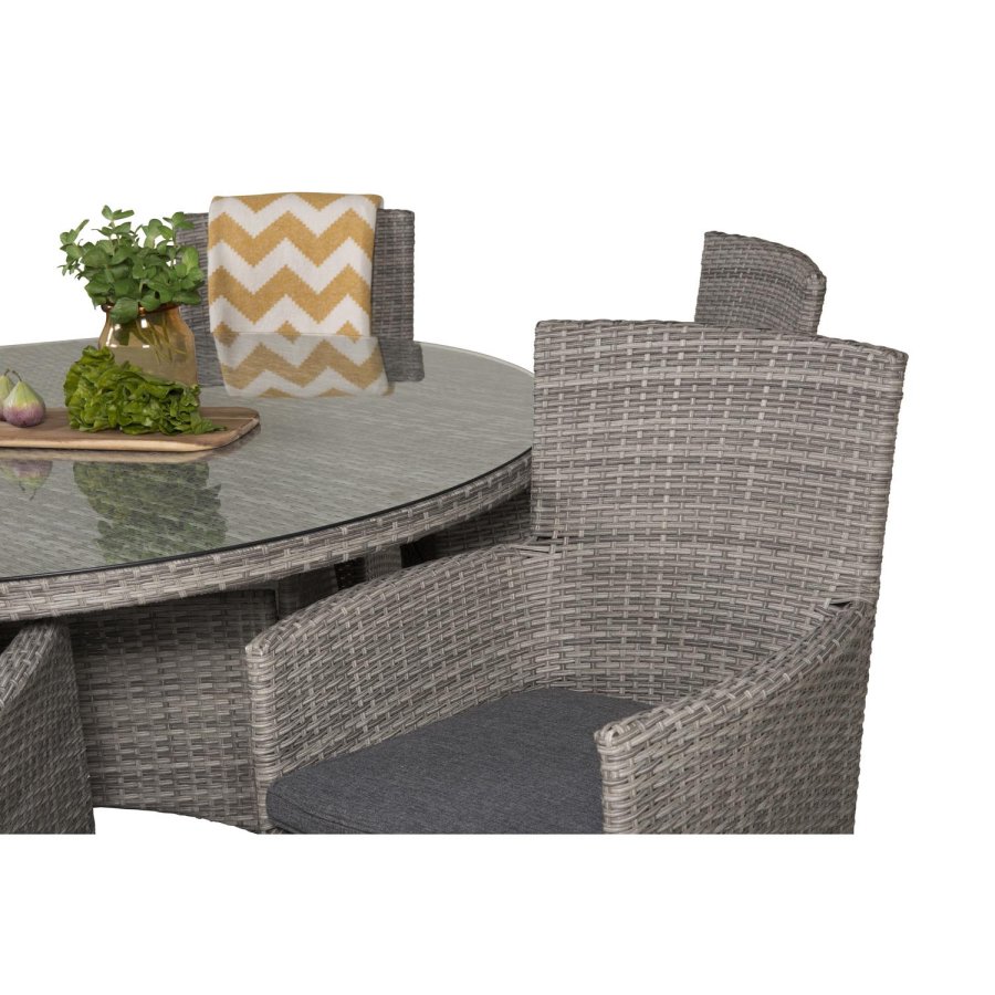 VENTURE DESIGN havest m. Volta bord (150) og 6 Malin stole m. armln og hynde - gr rattan/glas