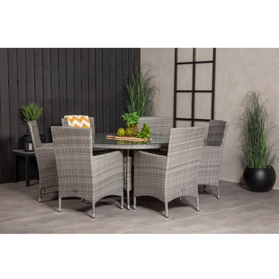 VENTURE DESIGN havest m. Volta bord (150) og 6 Malin stole m. armln og hynde - gr rattan/glas