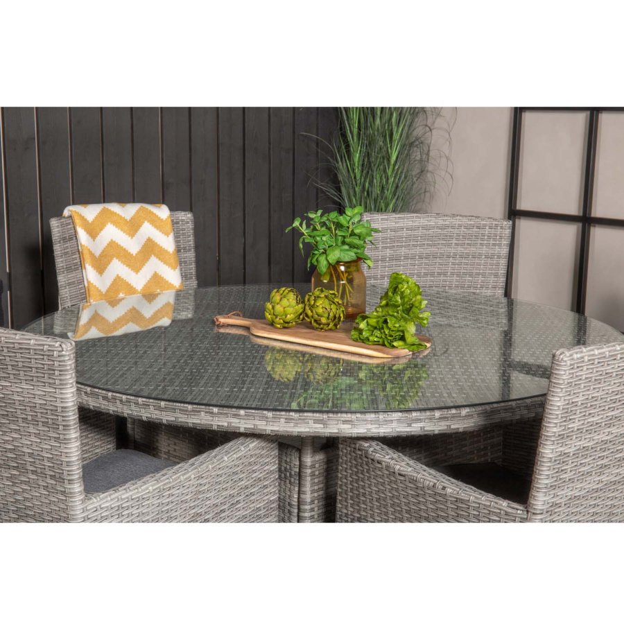 VENTURE DESIGN havest m. Volta bord (150) og 6 Malin stole m. armln og hynde - gr rattan/glas