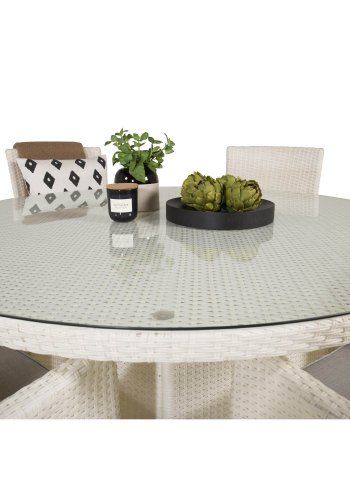 VENTURE DESIGN havest m. Volta bord (150) og 6 Malin stole m. armln og hynde - hvid rattan/glas