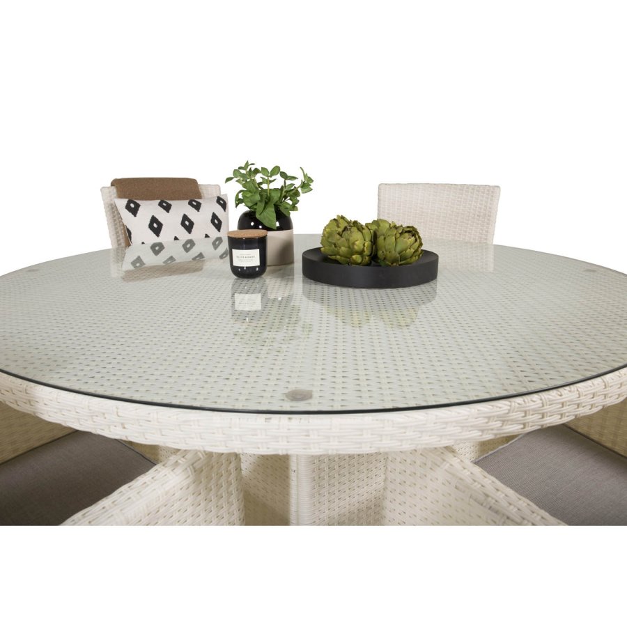 VENTURE DESIGN havest m. Volta bord (150) og 6 Malin stole m. armln og hynde - hvid rattan/glas