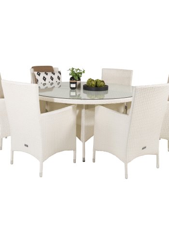 VENTURE DESIGN havest m. Volta bord (150) og 6 Malin stole m. armln og hynde - hvid rattan/glas