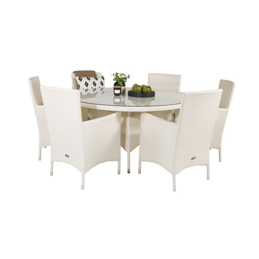 VENTURE DESIGN havest m. Volta bord (150) og 6 Malin stole m. armln og hynde - hvid rattan/glas