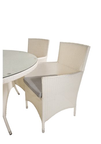 VENTURE DESIGN havest m. Volta bord (150) og 6 Malin stole m. armln og hynde - hvid rattan/glas
