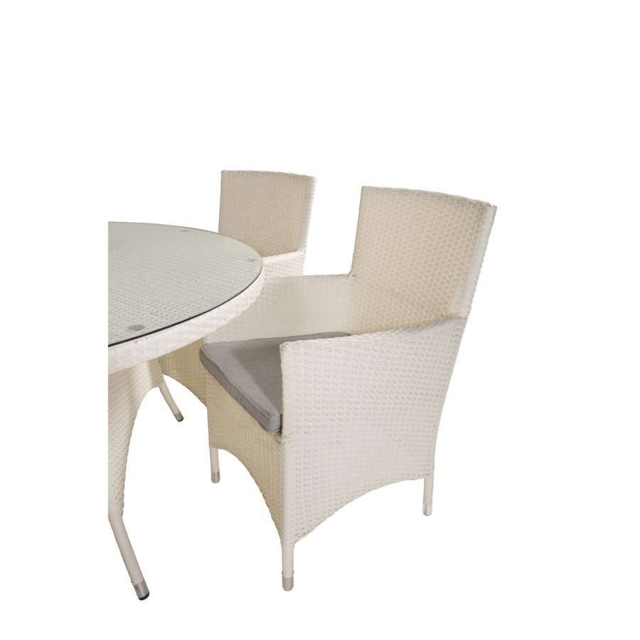 VENTURE DESIGN havest m. Volta bord (150) og 6 Malin stole m. armln og hynde - hvid rattan/glas