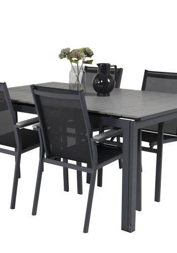 VENTURE DESIGN havest m Levels bord m. udtrk og 4 Parma stole m. armln - gr aintwood/sort textil