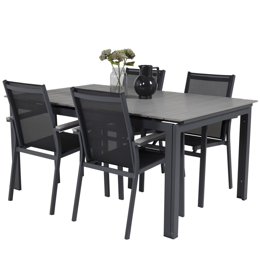 VENTURE DESIGN havest m Levels bord m. udtrk og 4 Parma stole m. armln - gr aintwood/sort textil