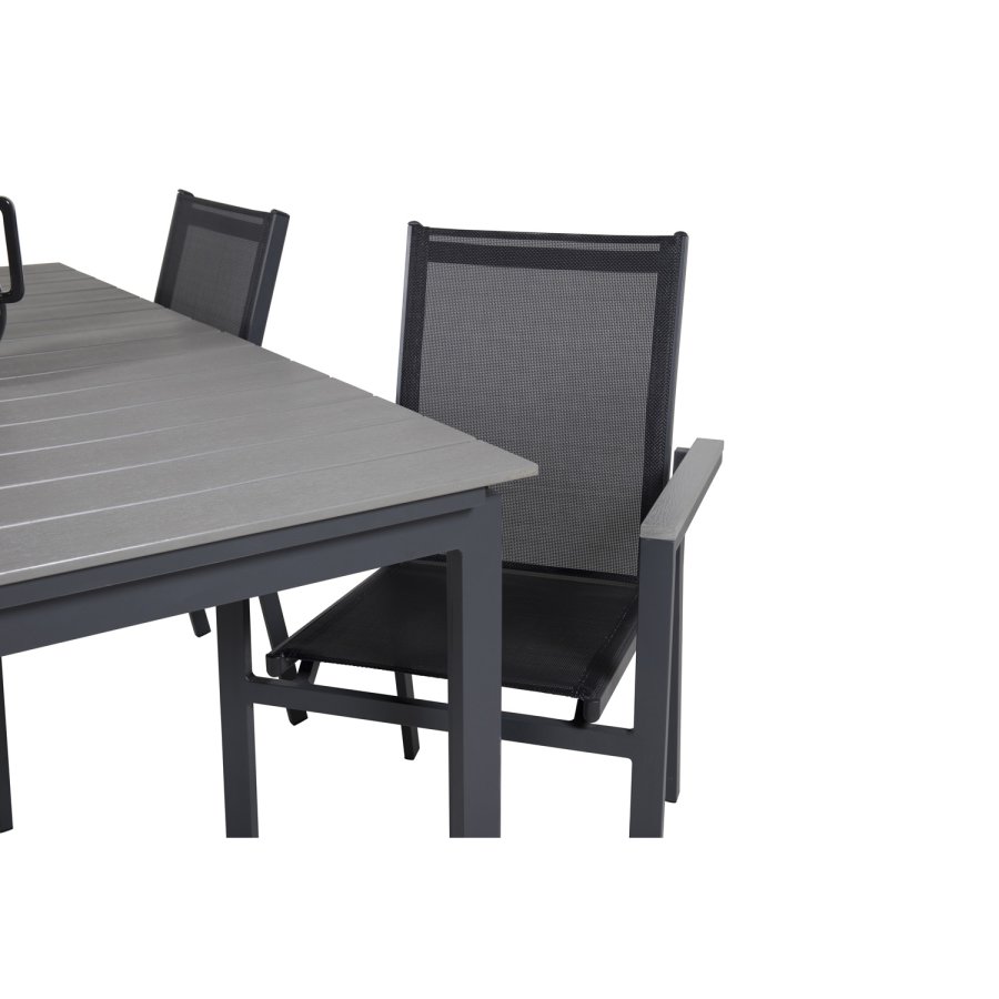 VENTURE DESIGN havest m Levels bord m. udtrk og 4 Parma stole m. armln - gr aintwood/sort textil