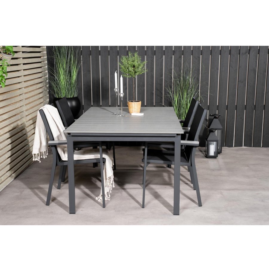 VENTURE DESIGN havest m Levels bord m. udtrk og 4 Parma stole m. armln - gr aintwood/sort textil