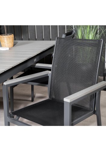 VENTURE DESIGN havest m Levels bord m. udtrk og 4 Parma stole m. armln - gr aintwood/sort textil