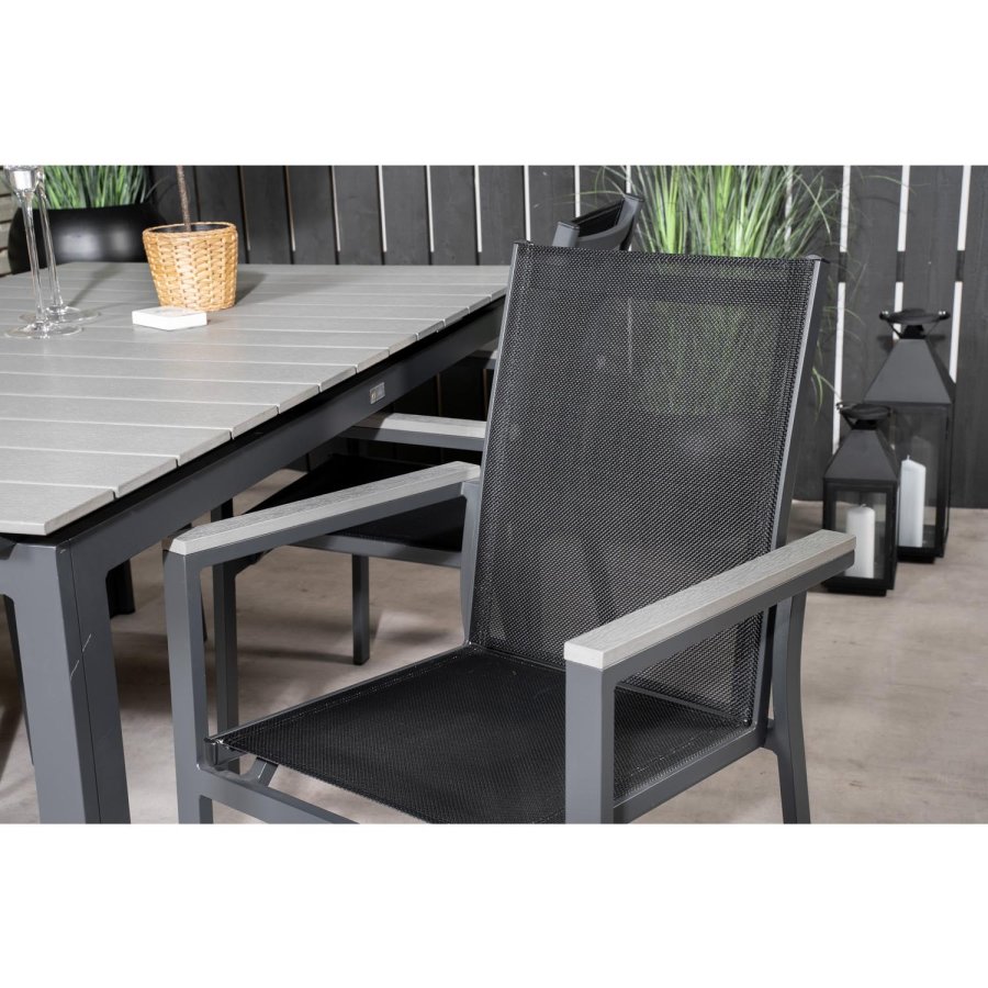 VENTURE DESIGN havest m Levels bord m. udtrk og 4 Parma stole m. armln - gr aintwood/sort textil