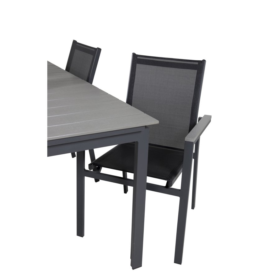 VENTURE DESIGN havest m Levels bord m. udtrk og 4 Parma stole m. armln - gr aintwood/sort textil