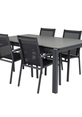 VENTURE DESIGN havest m Levels bord m. udtrk og 4 Parma stole m. armln - gr aintwood/sort textil