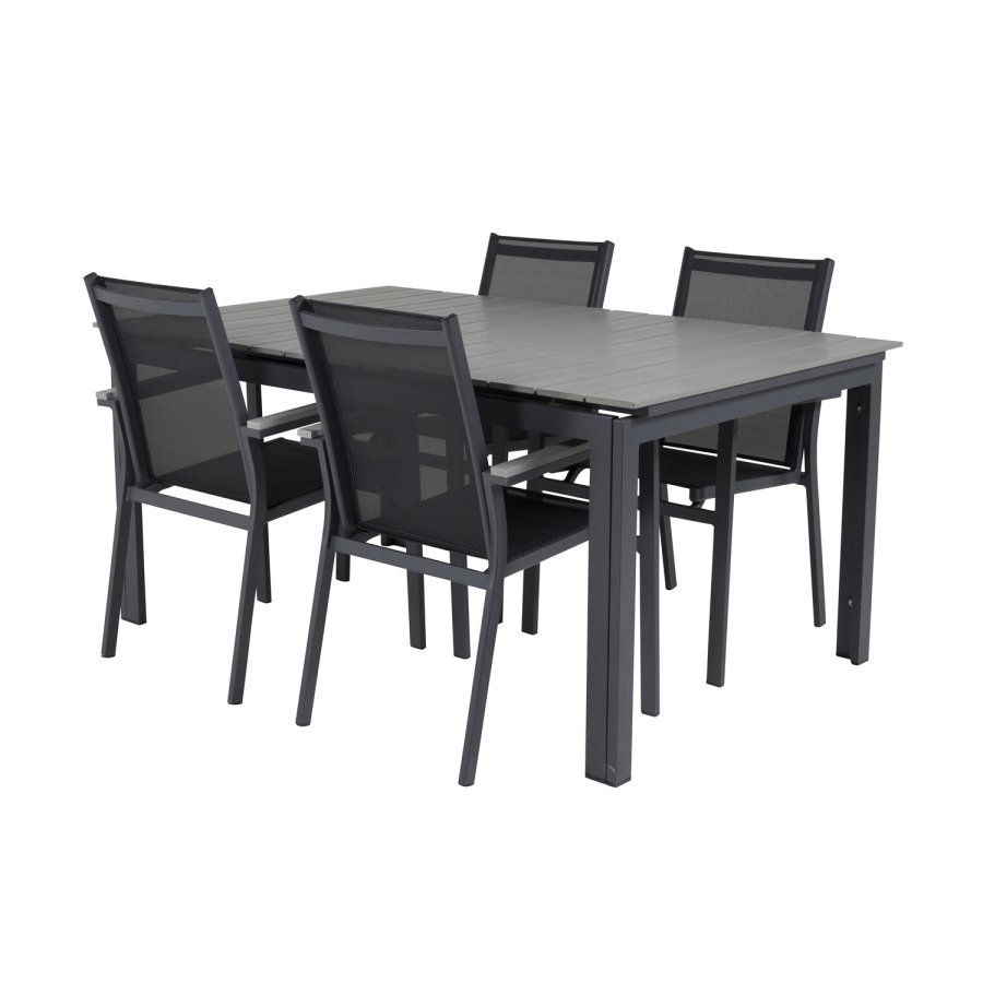 VENTURE DESIGN havest m Levels bord m. udtrk og 4 Parma stole m. armln - gr aintwood/sort textil