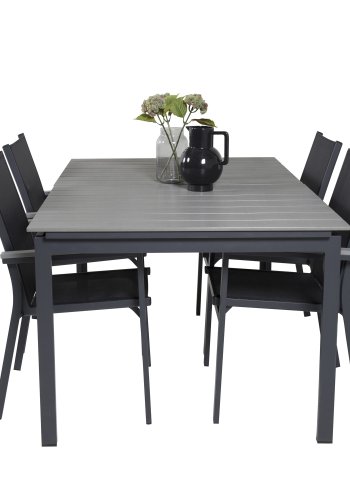 VENTURE DESIGN havest m Levels bord m. udtrk og 4 Parma stole m. armln - gr aintwood/sort textil