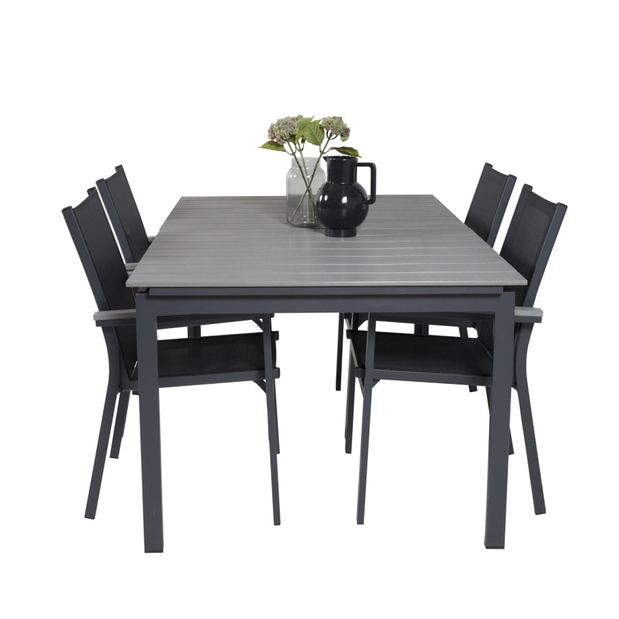 VENTURE DESIGN havest m Levels bord m. udtrk og 4 Parma stole m. armln - gr aintwood/sort textil