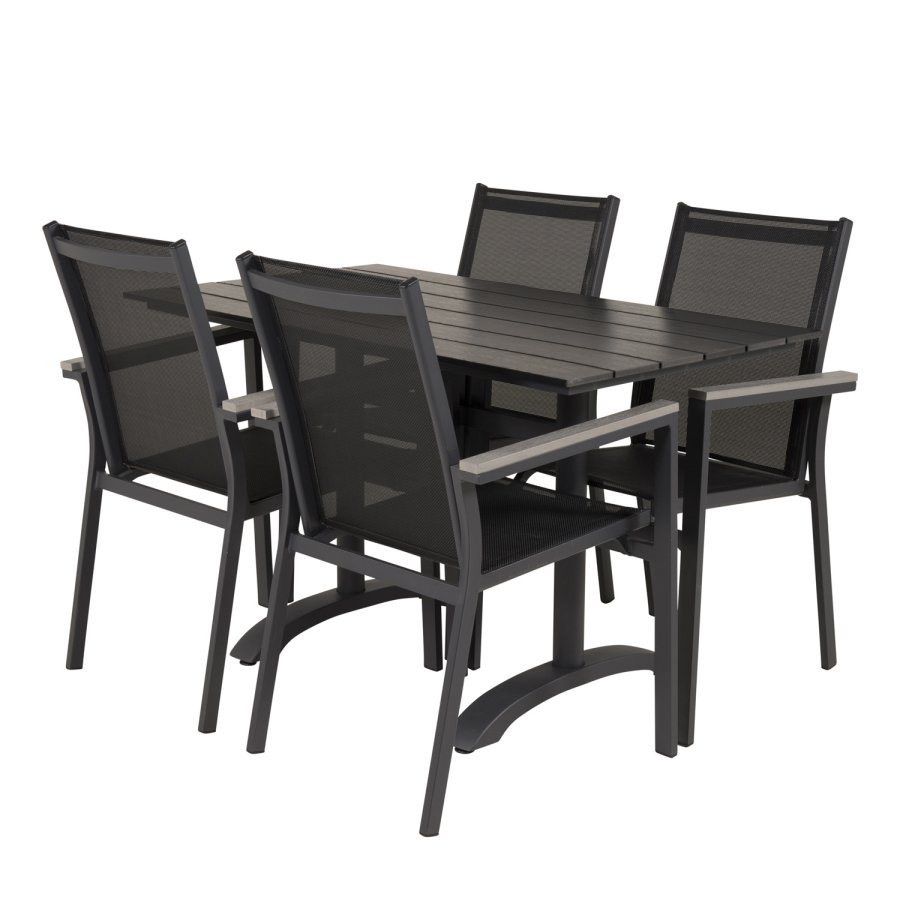 VENTURE DESIGN havest m. Denver bord (120x70) og 4 Parma stole m. armln - sort aintwood/textilene
