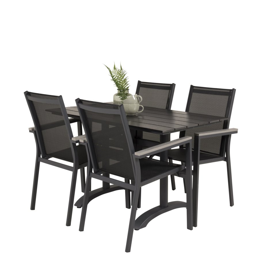 VENTURE DESIGN havest m. Denver bord (120x70) og 4 Parma stole m. armln - sort aintwood/textilene