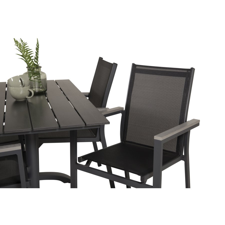 VENTURE DESIGN havest m. Denver bord (120x70) og 4 Parma stole m. armln - sort aintwood/textilene