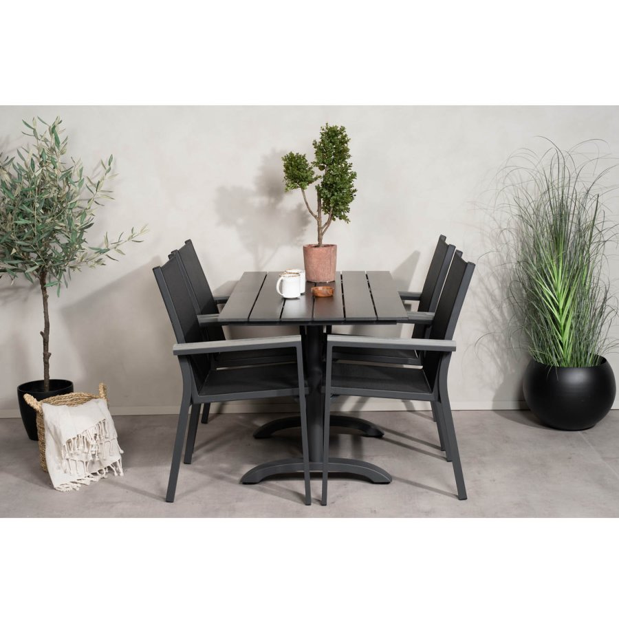 VENTURE DESIGN havest m. Denver bord (120x70) og 4 Parma stole m. armln - sort aintwood/textilene