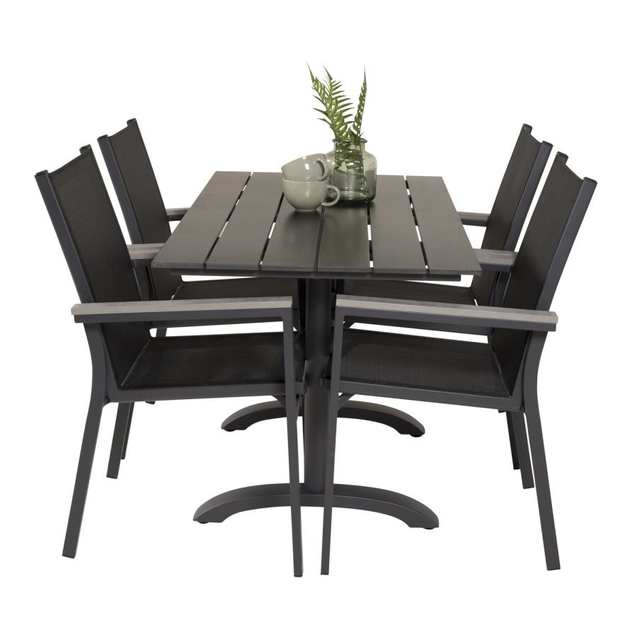 VENTURE DESIGN havest m. Denver bord (120x70) og 4 Parma stole m. armln - sort aintwood/textilene