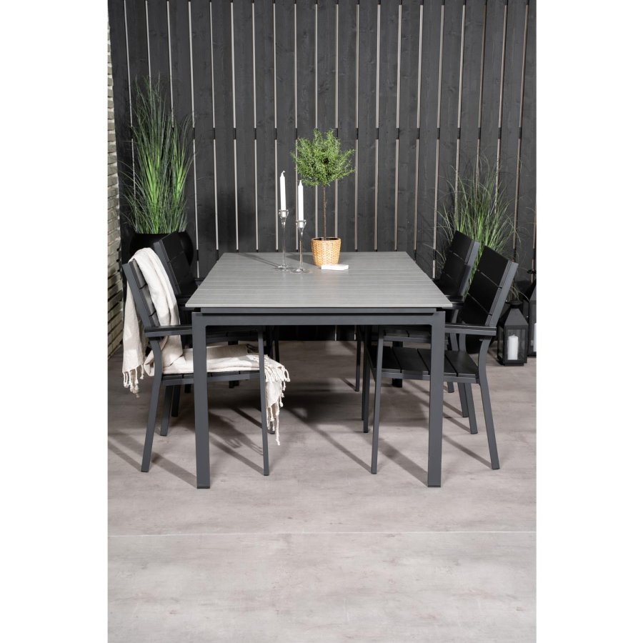VENTURE DESIGN Levels hagesett med bord med uttrekk og 4 stoler med armlener - gr/svart i tre og sort aluminium