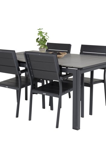 VENTURE DESIGN Levels hagesett med bord med uttrekk og 4 stoler med armlener - gr/svart i tre og sort aluminium
