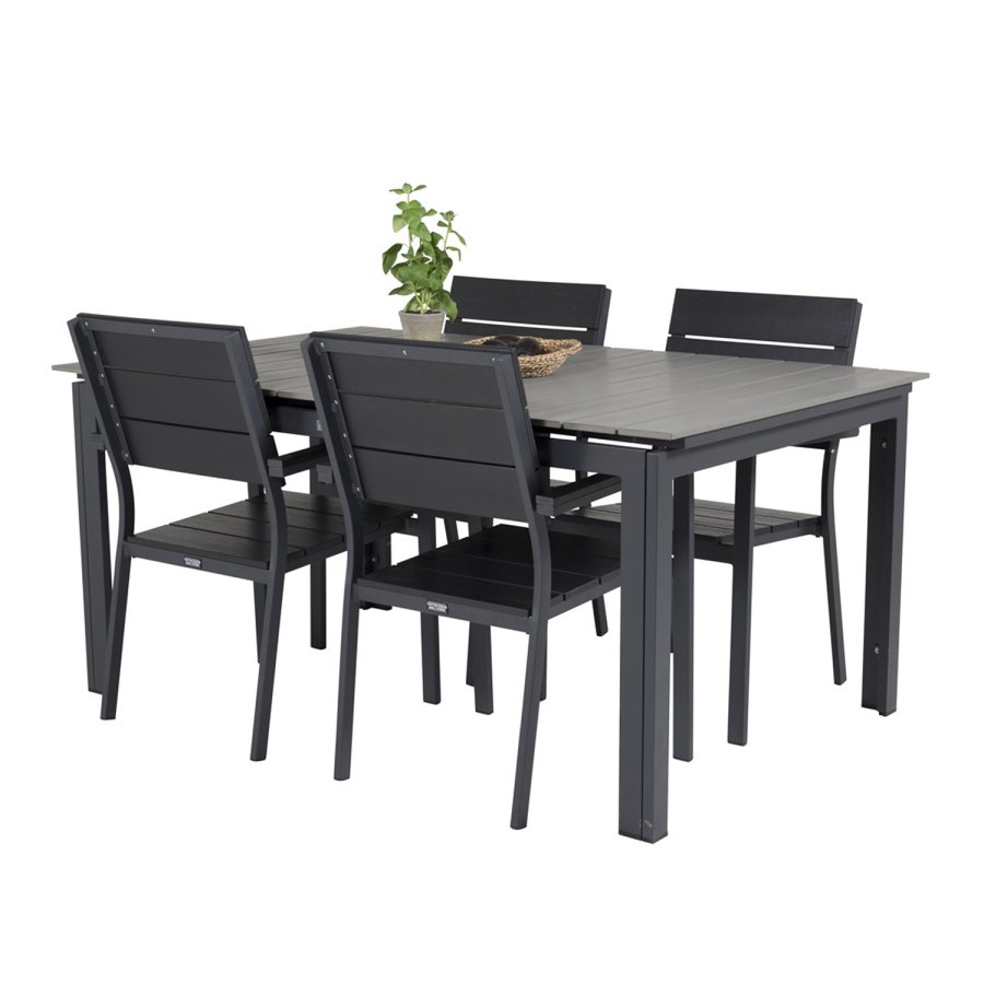 VENTURE DESIGN Levels hagesett med bord med uttrekk og 4 stoler med armlener - gr/svart i tre og sort aluminium