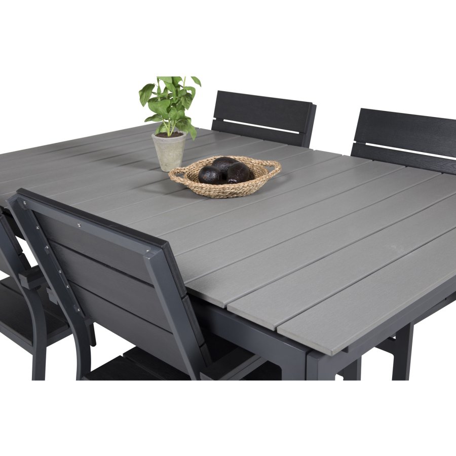 VENTURE DESIGN Levels hagesett med bord med uttrekk og 4 stoler med armlener - gr/svart i tre og sort aluminium