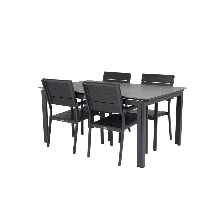 VENTURE DESIGN Levels hagesett med bord med uttrekk og 4 stoler med armlener - gr/svart i tre og sort aluminium