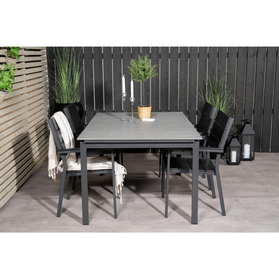 VENTURE DESIGN Levels hagesett med bord med uttrekk og 4 stoler med armlener - gr/svart i tre og sort aluminium