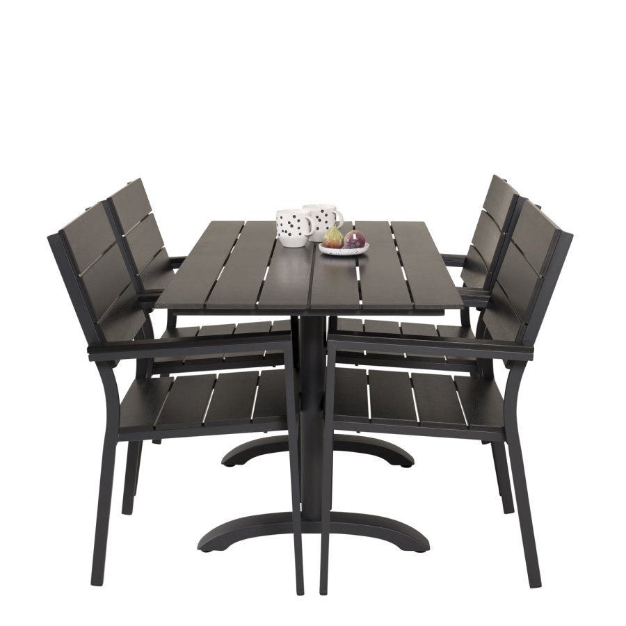 VENTURE DESIGN hagesett m. Denver bord (120x70) og 4 nivstoler med armlener - svart i tre/alu