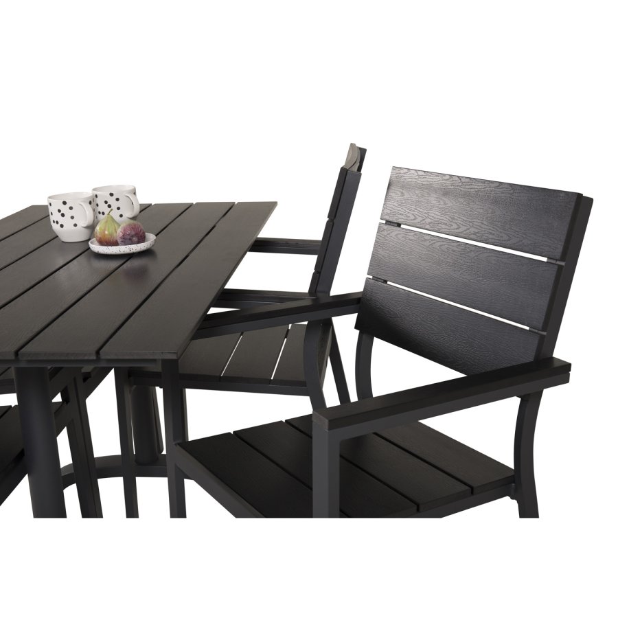 VENTURE DESIGN hagesett m. Denver bord (120x70) og 4 nivstoler med armlener - svart i tre/alu