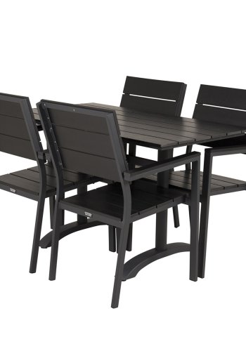 VENTURE DESIGN hagesett m. Denver bord (120x70) og 4 nivstoler med armlener - svart i tre/alu